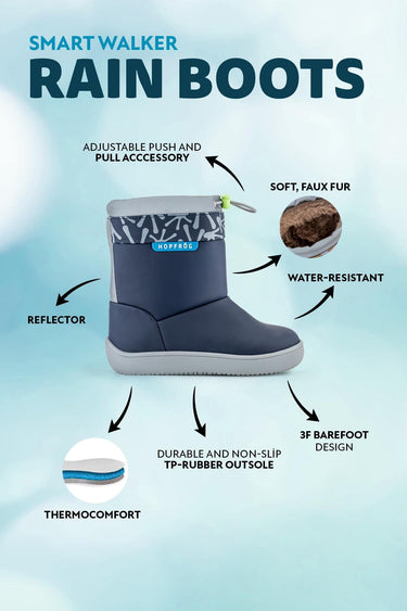 Rain Boots Super Matte Navy Blue Water and Cold Resistant Barefoot Kids Boots