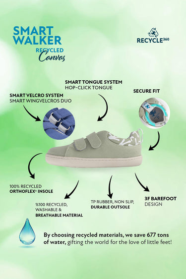Smart Walker Recycled Canvas Eco Nile Green Barefoot Kids Shoes
